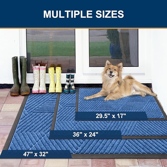 Smiry Front Door Mat Outside Entrance, Heavy Duty Sturdy Natural Rubber Doormat, Trap Dirt and Moisture, Easy Clean Low Profile Welcome Floor Mats for Indoor Outdoor Entry, 59x23 Inch, Blue
