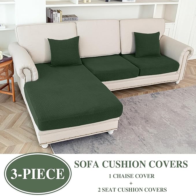Couch Cushion Covers for Sectional Sofa L Shape Washable Separate Seat Chaise Couch Cover Stretch Sofa Slipcovers with 2 Pcs Pillowcases(2 Seater + 1 Chaise, Green)