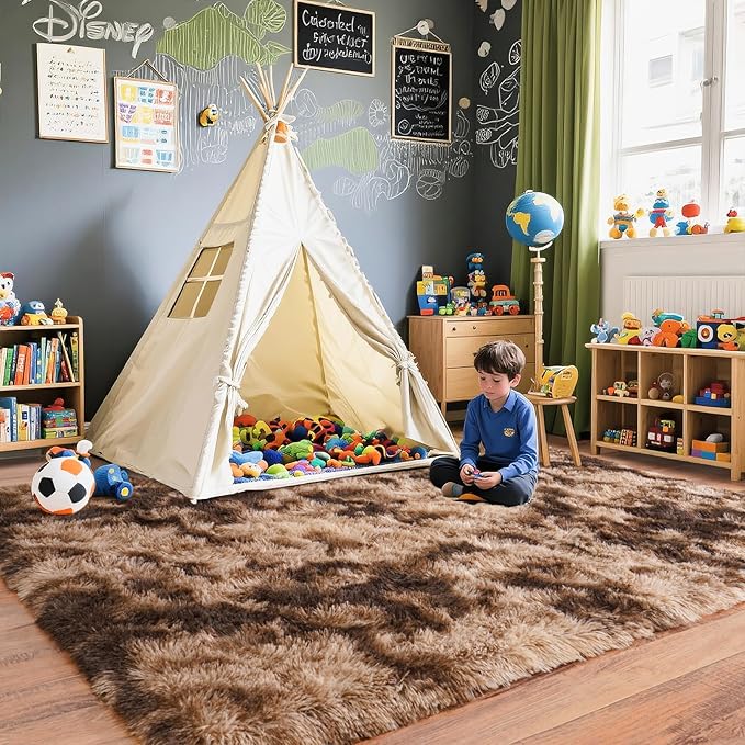 Pionblank Large Area Rug for Living Room 6x9 Feet, Modern Soft Shag Brown Rug, Plush Fuzzy Carpet for Bedroom Girls Boys Room Home Nursery Teens Dorm Decor, Tie-Dyed Coffee