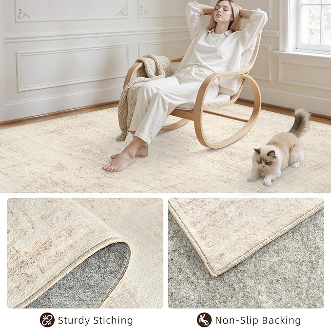 6x9 Area Rugs for Living Room: Vintage Boho Neutral Washable Rug Indoor Soft Large Area Rug Carpet for Bedroom Nursery Farmhouse Dining Room Office Floor Non-Slip Low Pile Under Table Rug Dark Beige