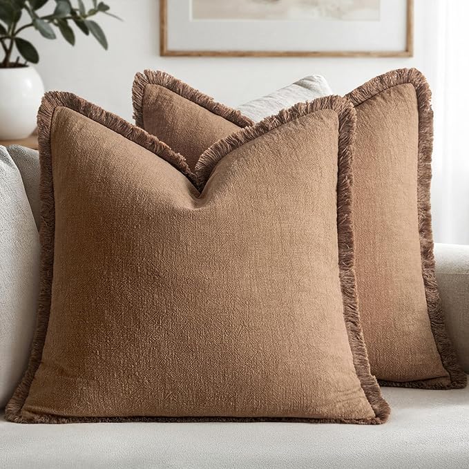 MIULEE Decorative Throw Pillow Covers Neutral Linen Fringe Throw Pillows Euro Shams Set of 2 Brown Boho Farmhouse Cushion Covers for Couch Sofa Bed Living Room Spring Home Decor 26x26 Inch