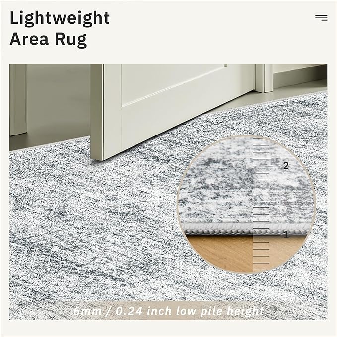 5x7 Area Rugs Gray Low Pile Indoor Washable Trendy Faded Style Rugs for Bedroom Living Room Dining Room Foldable Non-Slip Thin Grey Print Mat