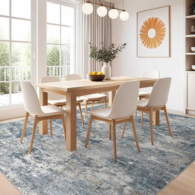 Nakagishi 10x12 Area Rugs Living Room: Washable Abstract Large Neutral Soft Rug Stain Resistant Modern Indoor Floor Non-Slip Carpet for Bedroom Nursery Kids Playroom Office Dining Room Dorm-Blue Brown