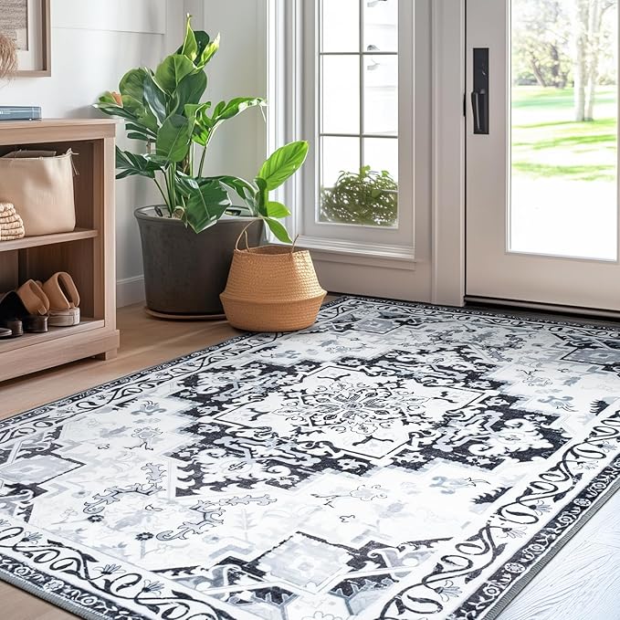 Rugflix 5x7 Area Rug for Living Room, Machine Washable Area Rugs with Non-Slip Backing, Large Soft Boho Vintage Rug for Bedroom, Dining Room, Low Pile Carpet, Kids Pet Friendly, Grey