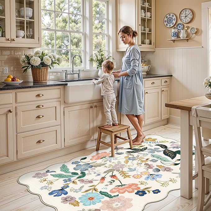 4x6 Living Room Area Rugs: Washable Boho Kitchen Rugs Non Slip Low-Pile Small Bedside Carpet for Bedroom Nursery Water-Resistant Beside Rug Non-Shedding Floor Mat for Kids Pets Family(4x6，Cream)