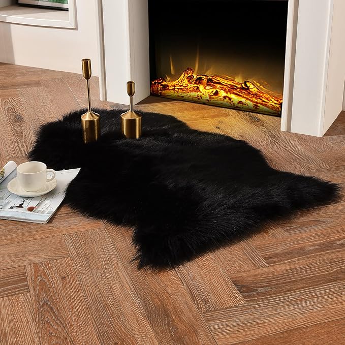duduta Black Faux Sheepskin Fur Throw Rug 2x3 ft, Fluffy Shag Chair Cover Small Bedside Dorm Rug Non Slip Machine Washable