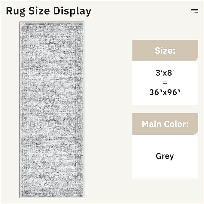 Runner Rug 3x8 Washable Non-Slip Hallway Runner Rugs for Kitchen Bathroom Laundry Room Grey Vintage Floor Carpet Runners for Hallways Entryway