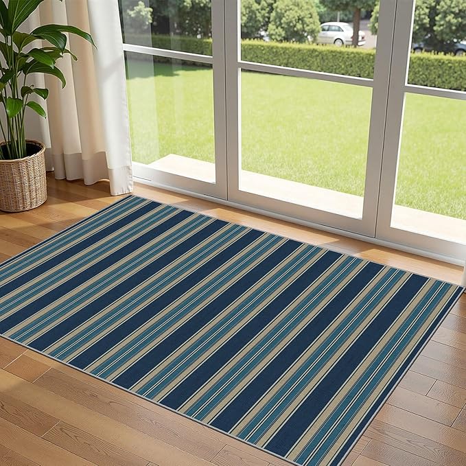 3x5 Striped Entry Rug - Small Washable Indoor Outdoor Mats for Front Door Non-Slip Porch Rug Navy Blue Coastal Throw Rugs for Bedroom Entryway Kitchen Office Welcome Layer Doormat Decor
