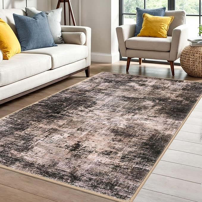 IOHOUZE Abstract Area Rug 4x6 Ft Washable Rugs for Entryway Indoor, Non Slip Small Living Room Rugs Printed Faux Wool Throw Rug, Floor Carpet for Kitchen Nursery Playroom, Brown/Rust