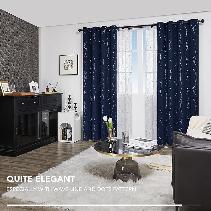 Deconovo Blackout Curtains for Living Room, Thermal Insulated Soundproof Drapes, Wave Dots Silver Print, 52 x 95 Inches Long, 2 Panels, Machine‑Washable Window Panel for Bedroom Patio Door, Navy Blue