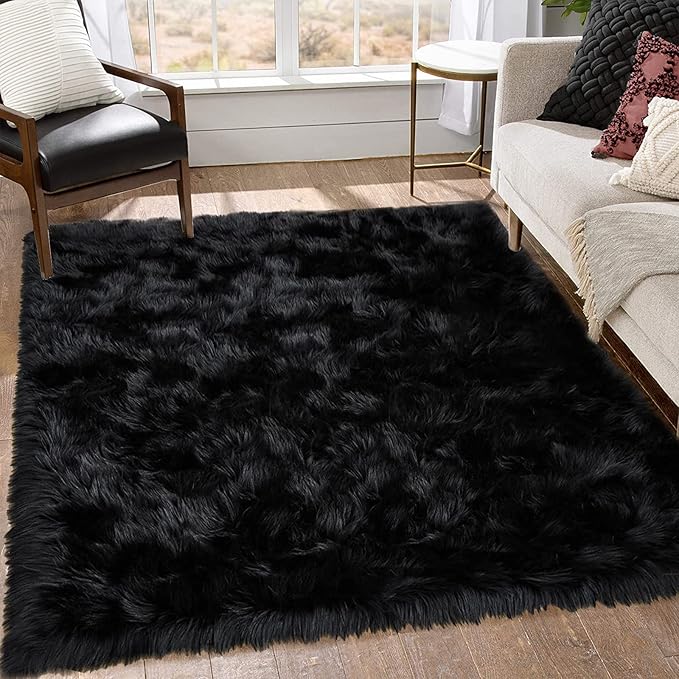 Goolela Black Area Rug 6x9 Fluffy Fuzzy Furry Shag Faux Sheepskin Fur Rug for Living Room Bedroom Plush Soft Rectangle