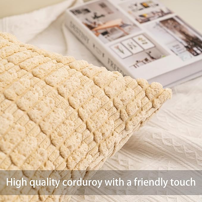 Pack of 2 Corduroy Decorative Throw Pillow Covers 16x16 Inch Soft Striped Pillow Covers Modern Farmhouse Home Decor for Sofa Living Room Couch Bed（Beige）