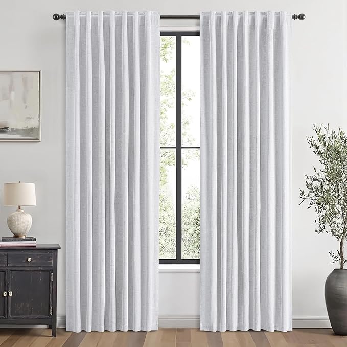 MIULEE 100% Blackout Linen Curtains for Bedroom, Grayish White Solid Luxury Decor Thermal Insulation Room Darkening Drapes for Living Room Nursery Back Tab Rod Pocket 42 x 72 Inches, 2 Panels