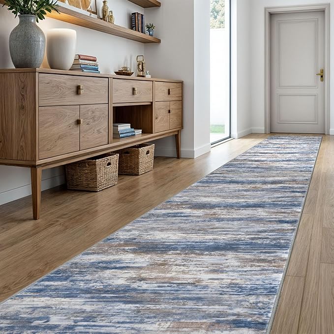 KOZYFLY Modern Abstract Washable Runner Rug 2.6x20 Hallway Runners Non-Slip Soft Kitchen Runner Rugs, Blue Rust 20 Foot Carpet Runner for Stair Entryway Bathroom Laundry Room Foyer