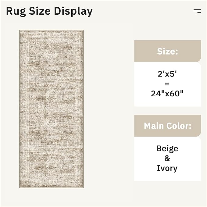 Runner Rug 2x5 Washable Non-Slip Kitchen Runner Rugs for Bathroom Laundry Room Brown Vintage Floor Carpet Runners for Hallway Entryway