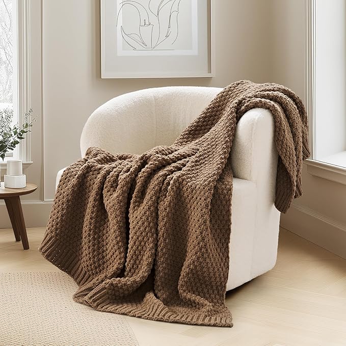 EVERGRACEHOME Chunky Chenille Knit Throw Blanket for Couch, Soft Luxurious Moss Stitch Blankets for Bed, Cozy Decorative Farmhouse Knitted Throws for Sofa, Camel Brown, 60" x 80"