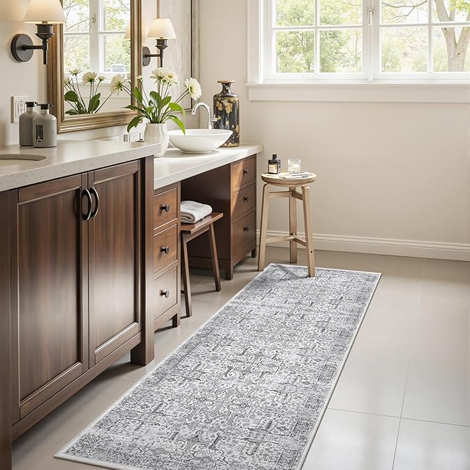 Washable 2x8 Runner Rug - Non Slip Vintage Kitchen Runner Rugs Low-Pile Distressed Long Rugs for Hallway Waterproof Indoor Carpet for Living Room Bedroom Entryway 2'x8' Grey