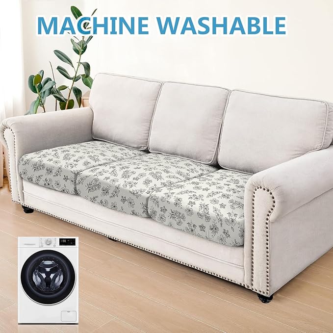 Leather Look Couch Cushion Covers Sofa Seat Slipcovers Sets Couches Furniture Protector for Sectional Armchair Loveseat Pets Kids Stretch Spandex Fabric (3 Cushion Sofa, Beige 01Flower)
