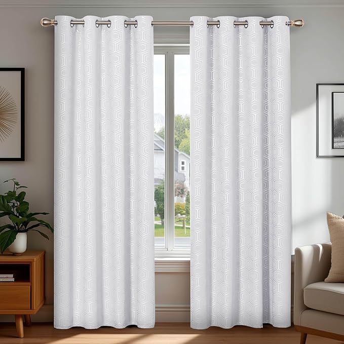 Deconovo White Curtains, Room Darkening Living Room Curtain, Thermal Insulated Soundproof Drapes, Hexagon Silver Print Pattern, 52 x 72 Inch, Grommet Panel for Bedroom Kitchen Office Nursery, Set of 2