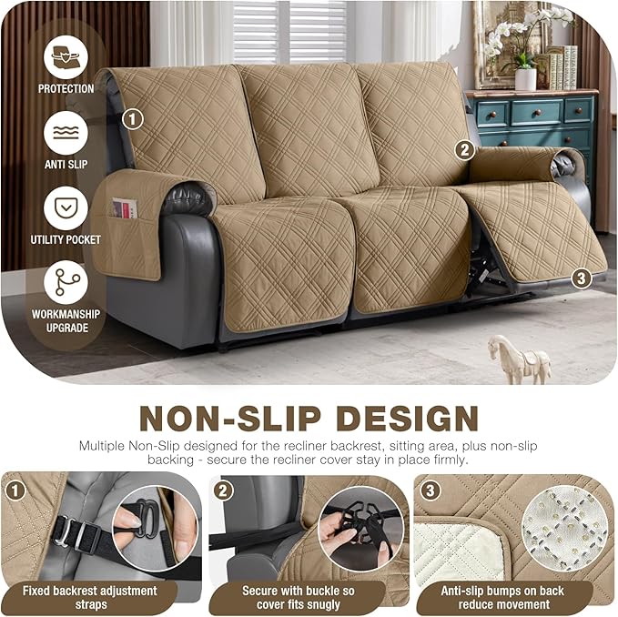 TAOCOCO 100% Waterproof Recliner Sofa Cover, Non Slip Split Couch Covers for Reclining Couches with Elastic Straps, Washable Reclining Sofa Cover Furniture Protector for Kids Pets(3 Seater, Camel)