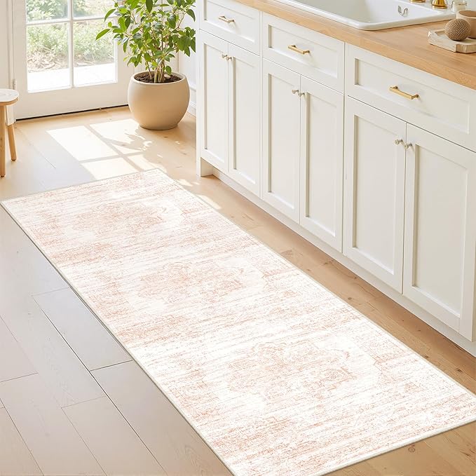 2x6 Runner Rug Non Slip for Entryway, Washable Runners for Kitchen, Soft Thin Hallway Rug for Bedroom, Laundry, Small Stain Resistant Indoor Door Mat(2'x6', Pink/White)