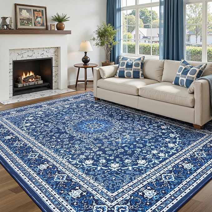 Lofus 6x9 Area Rugs for Living Room, Machine Washable Non-Slip Area Rug, Low Pile Large Rugs for Bedroom, Kitchen, Dining Room, Home Office, Vintage Oriental Print Rug, Dark Blue with White
