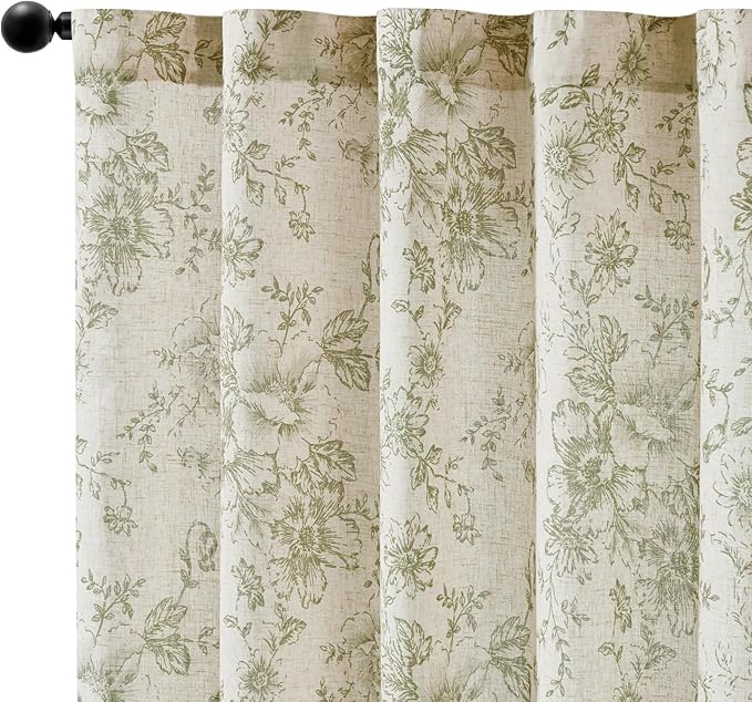 jinchan Linen Blend Floral Curtains for Living Room 45 Inch Length Farmhouse Printed Curtain Rod Pocket Back Tab Sage Green Peony Flower Patterned Drapes Bedroom Curtains Set 2 Panels