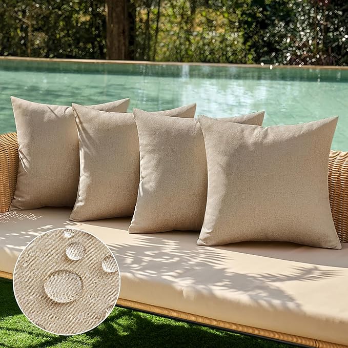 MIULEE Pack of 4 Decorative Outdoor Throw Pillow Covers Linen Waterproof Pillow Covers Farmhouse Cushion Cases for Patio Garden Tent Balcony Couch Sofa 16x16 inch Light Tan