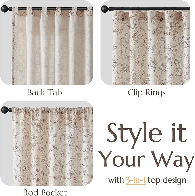 jinchan Floral Linen Curtains for Living Room 84 Inch Length Brown Flower Curtain Rod Pocket Back Tab Farmhouse Curtains with Printed Floral Bedroom Window Curtain Set, 2 Panels Brown