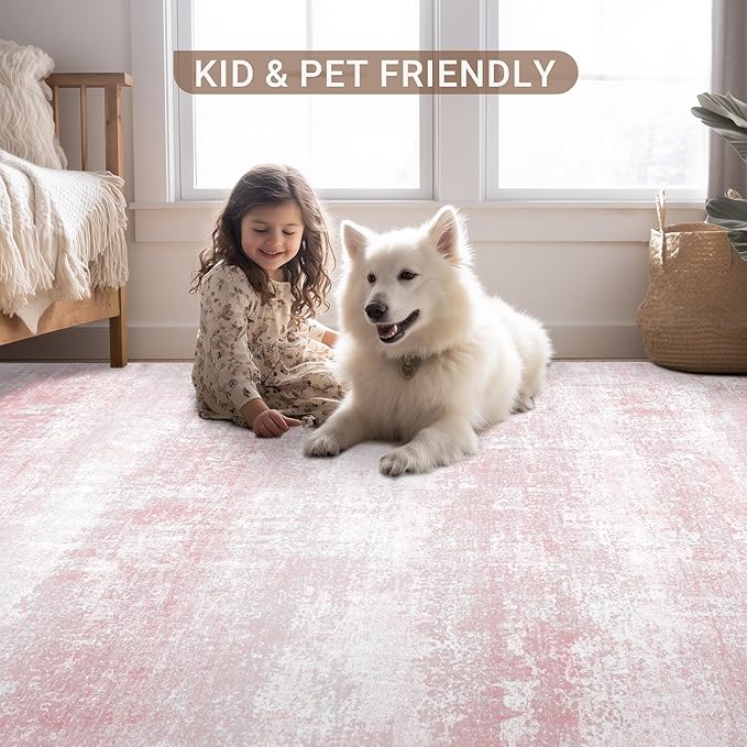 LEPEII 5x7 Area Rugs, Abstract Rugs for Living Room, Indoor Non-Slip Washable Rug for Bedroom, Dining Room, Low Pile Home Decor Neutral Area Rug-Pink/Multi