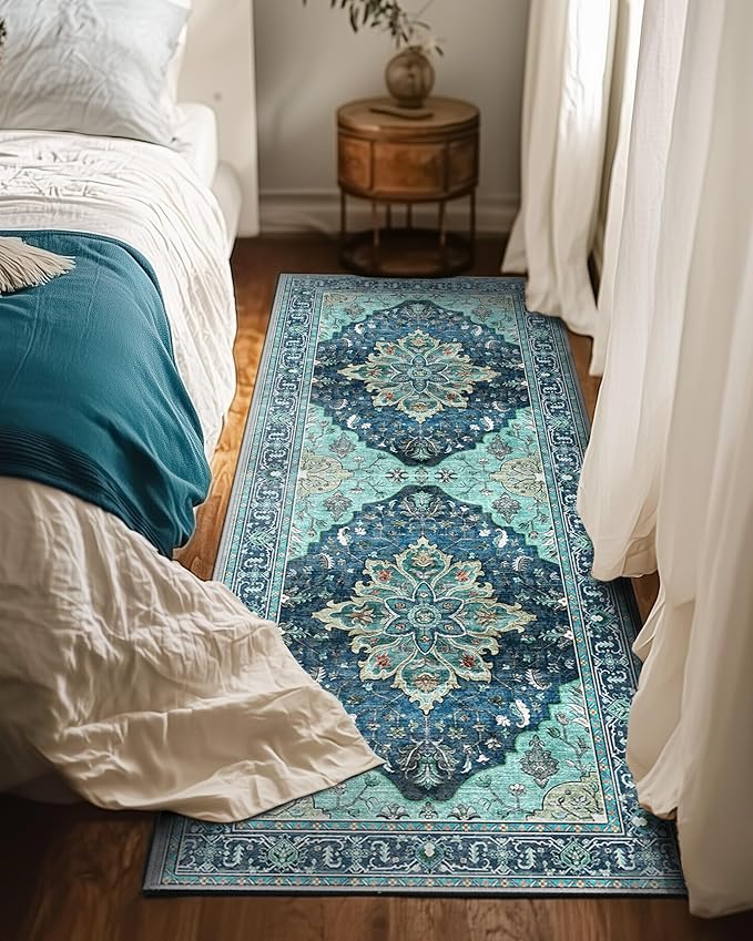 Area Rugs 2'x6' Runner Rug Non Slip Washable for Kitchen Hallway Bedroom Beside Laundry Room Bathroom Rug, Floor Carpet, Teal Green Lake Blue Turquoise