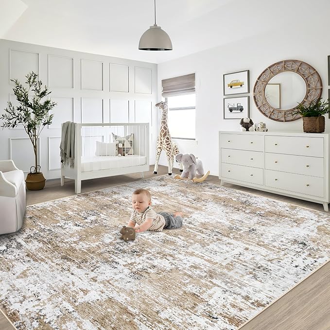 XLUEZ 8x10 Area Rugs for Living Room, Washable Modern Abstract Large Area Rug Neutral Soft Non Slip Kids Rug Stain Resistant Indoor Carpet for Bedroom Nursery Dining Room Playroom(Beige, 8'x10')