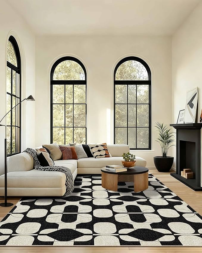 Latte&Fog 8x10 Area Rugs for Living Room, Large Vintage Washable Rug, Boho Non Slip Low Pile Carpet for Indoor Bedroom, Dining Room, Office, Dorm, Classroom, Farmhouse and Kids Room - Black Beige