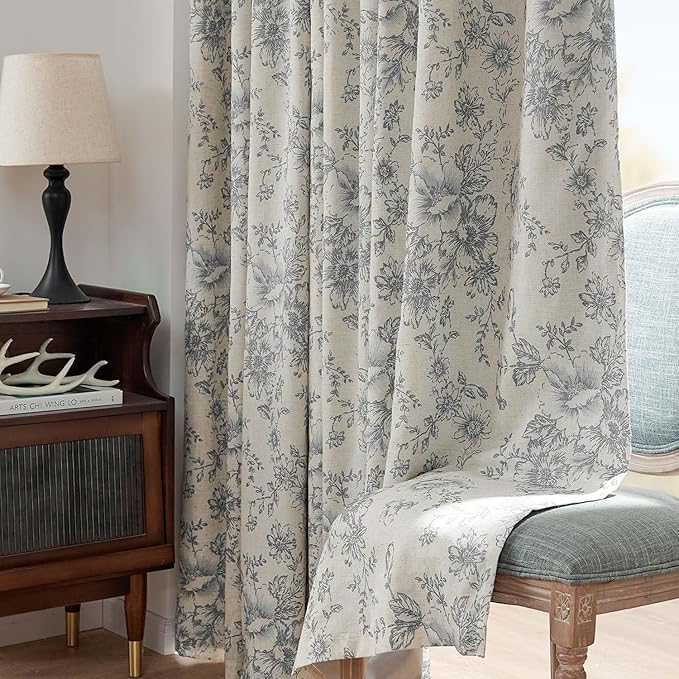 jinchan Blackout Floral Curtains for Living Room Bedroom Linen Blend Curtain Farmhouse Grey Printed with Lined Back Tab Rod Pocket Drapes Window Treatments 2 Panels 84 Inch Gray