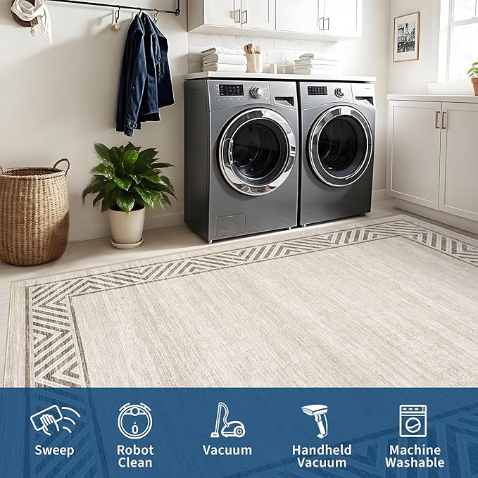 GarveeHome Washable Hallway Rug 2x6 Narrow Modern Bordered Floor Runner, Non-Shedding Contemporary Bedside Rug, Foldable Ultra-Thin Carpet Runner for Bedroom, Kitchen, Laundry Room, Beige