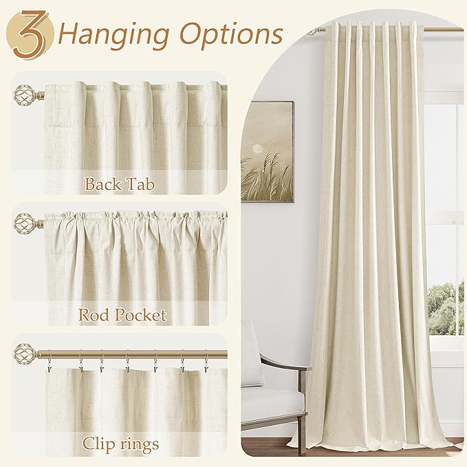 Warm Beige 100% Blackout Linen Curtains 84 Inch Length 2 Panels Set for Living Room Bedroom Back Tab Thermal Insulated Black Out Drapes Room Darkening Farmhouse Style for Bedroom Window Curtains