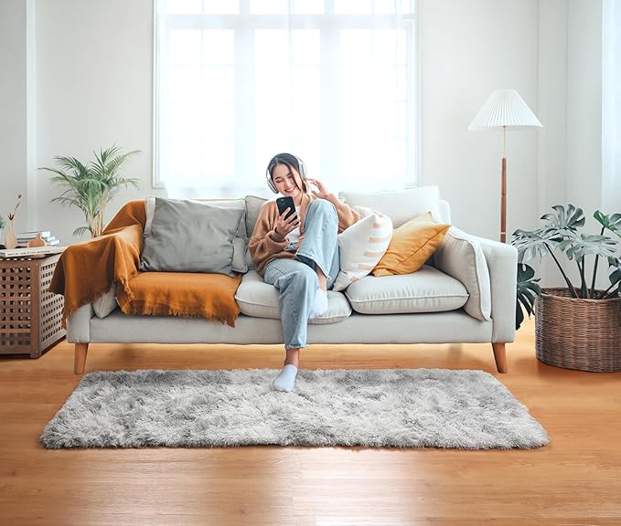 ONASAR 2x6 Runner Rugs for Bedroom Living Room, Fluffy Tie-Dyed Light Grey Bedside Hallway Throw Area Rug, Ultra Soft Plush Furry Floor Carpet Mat for Nursery Kids Dorm Closet Home Decor