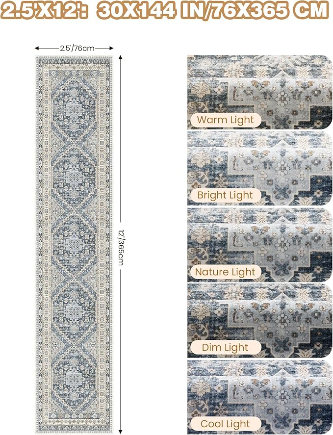 Carpet Runners for Hallway 12ft, Non-Slip Long Bathroom Rugs Runner for Kitchen, Bedroom, Soft Vintage Washable Rug for Entryway, Thin Floor Mat for Dining Room(Blue/Beige,2.5'x12')