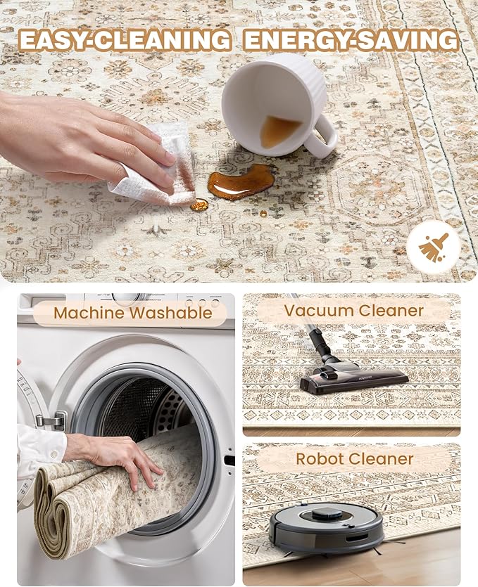 Washable Rugs 8x10 Area Rugs for Living Room, Non-Slip Backing Large Rug for Nursery Room, Vintage Floral Bedroom Rugs, Thin Indoor Home Decor Soft Farmhouse Rug (Cream/Beige,8'x10')