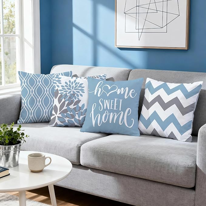 Hexagram Geometric Aqua Blue Pillow Covers 16x16 Set of 4, Decorative Outdoor Boho Modern Throw Pillow Covers, Home Sweet Home Farmhouse Cushion Case for Couch Sofa Bedroom Indoor Decor(No Insert)