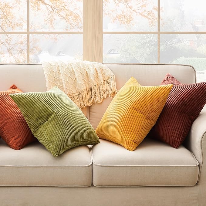 Topfinel Throw Pillow Cover 4pc Set - Multi Yellow Burnt Orange Combo - 22" x 22" Solid Cozy Corduroy Square Accent Decorative Cushion Case for Couch Sofa Chair Bed