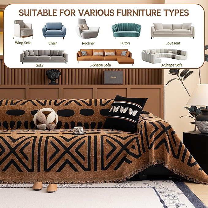 HANDONTIME Boho Couch Cover Geometric Striped Pet Covers for Couches and Sofas Copper Brown and Black Dog Cover for Couch Pet Friendly Chenille Sectional Sofa Covers for Pets Washable, 71" X 134"