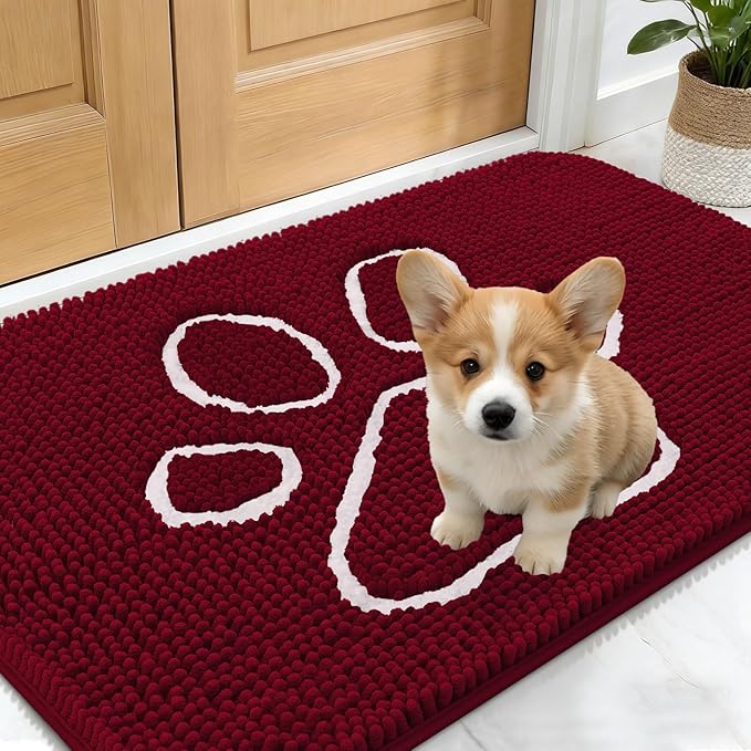 OLANLY Dog Door Mat for Muddy Paws 24x16, Paw Print Design, Absorbs Moisture and Dirt, Absorbent Non-Slip Washable Doormat, Quick Dry Chenille Mud Mat for Dogs, Entry Indoor Entryway Carpet, Burgundy