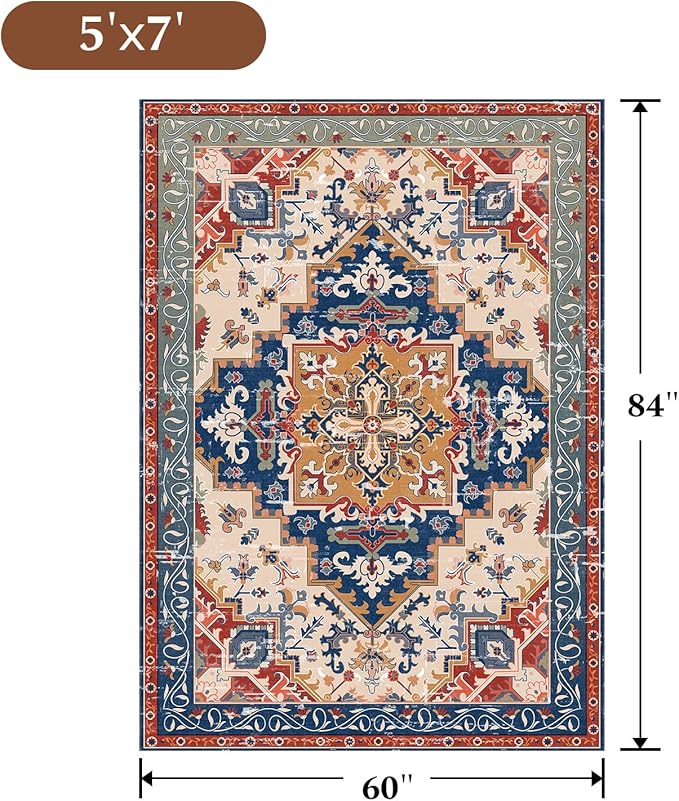 Rugflix 5x7 Area Rug for Living Room, Machine Washable Area Rugs with Non-Slip Backing, Large Soft Boho Vintage Rug for Bedroom, Dining Room, Low Pile Carpet, Kids Pet Friendly, Red