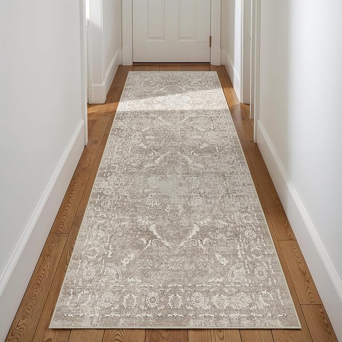 Washable 3x8 Runner Rug - Non-Slip Vintage Runner Rug for Entryway Low-Pile Medallion Long Rugs for Hallway Waterproof Traditional Runner Rug Indoor Thin Rug for Kitchen (Distressed Beige & Ivory)