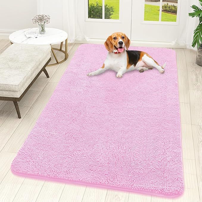 OLANLY Dog Door Mat for Muddy Paws 59x32, Absorbs Moisture and Dirt, Absorbent Non-Slip Washable Doormat, Quick Dry Chenille Mud Mat for Dogs, Entry Indoor Entryway Carpet for Inside Floor, Pink