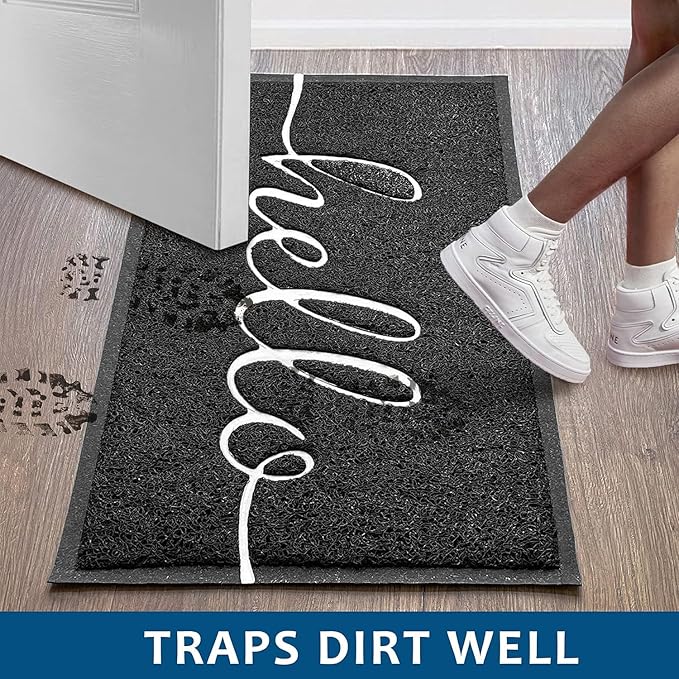 EARTHALL Door Mat Outside Inside Hello Doormat, 30"x17.5", Durable Floor Mat Non Slip Mat Ultra Absorb Mud Easy Clean Front Doormat for Garage, Entryway, Patio, High Traffic Areas, Black