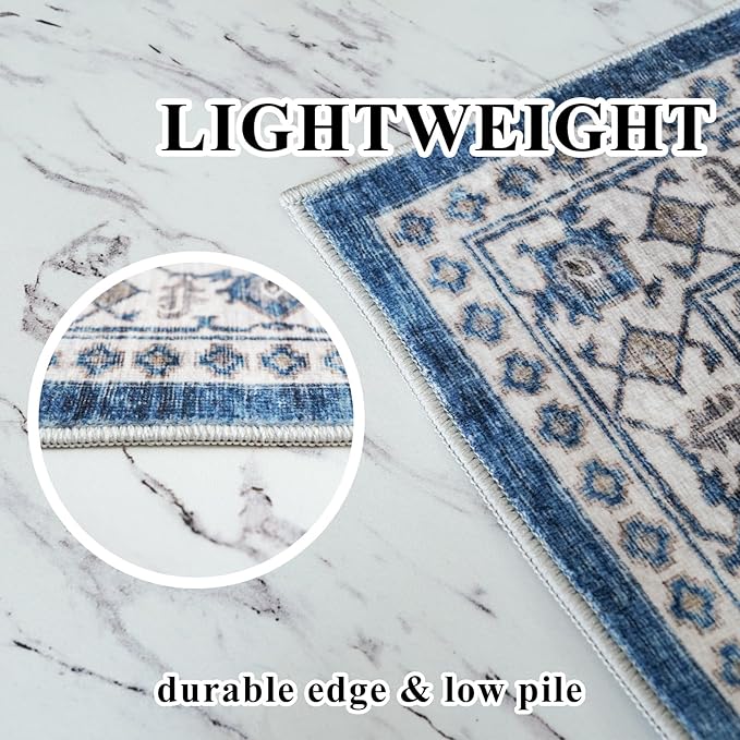 Washable 4x8 Hallway Runner Rug: Vintage 8ft Soft Runners for Entry Kitchen Wide Low Pile Carpet with Non-Slip Backing for Living Room Bedroom Thin Bathroom Carpet for Dining Room Foyer（4x8,Blue