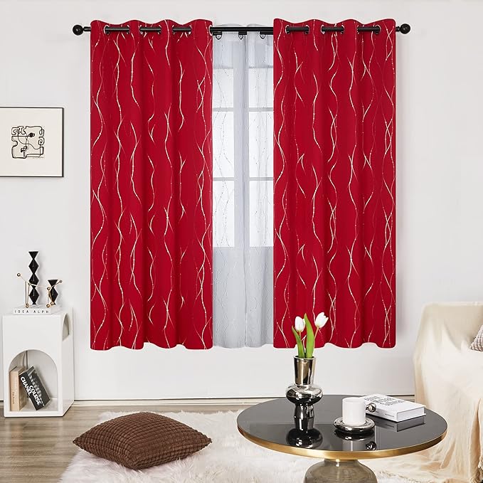 Deconovo Christmas Curtains, Red Drapes, Blackout Curtain, Thermal Insulated Soundproof Drape, Wave Line Dot Foil Print, 52 x 72 Inch, 2 Panels, Machine‑Washable Window Panel for Party Living Room