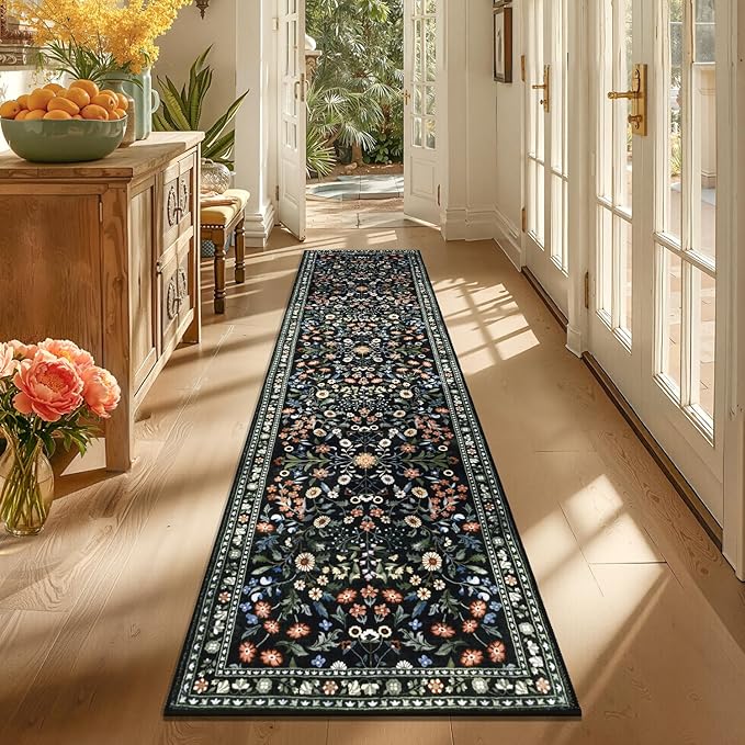 Yamaziot Washable Runner Rug 2x8 – Boho Non Slip Floral Hallway Runner Rug with Rubber Backing, Low Pile Distressed Carpet for Kitchen, Laundry, Bedroom, Entrance, Colorful Black